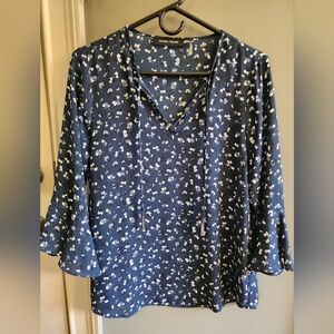 Ivanka Trump Women's Blouse Top Navy Floral V-neck Bell Sleeves Size S